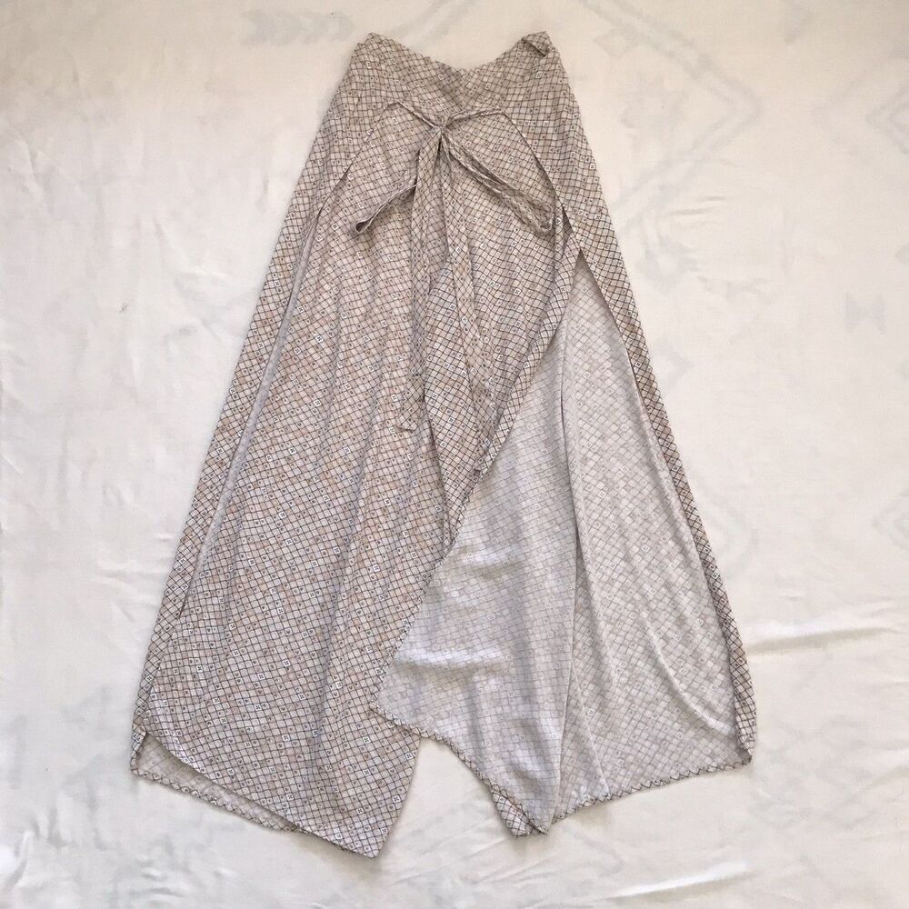 Indah Neutral Beige Geometric Print Flowy Wide Leg Summer Pants Women's XS - Picture 3 of 10